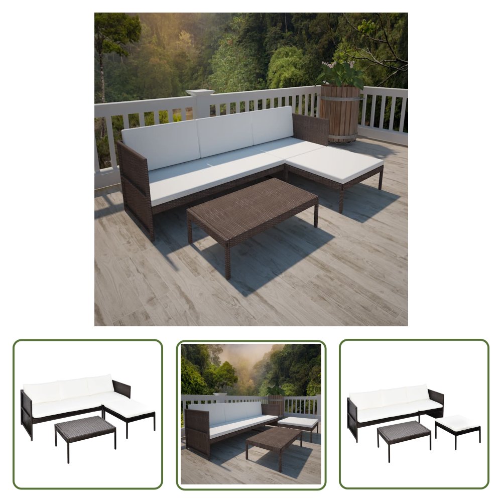 The Living Store 3-cz. zestaw wypoczynkowy do ogrodu - poduszki - polirattan - brąz - Sofa Ogrodowa I Stół