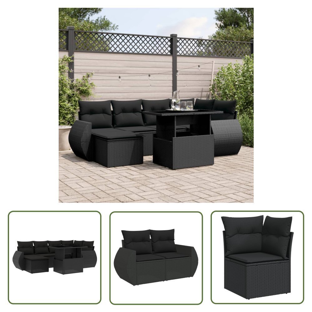 The Living Store 7-cz. zestaw wypoczynkowy do ogrodu - z poduszkami - czarny - Sofa Ogrodowa