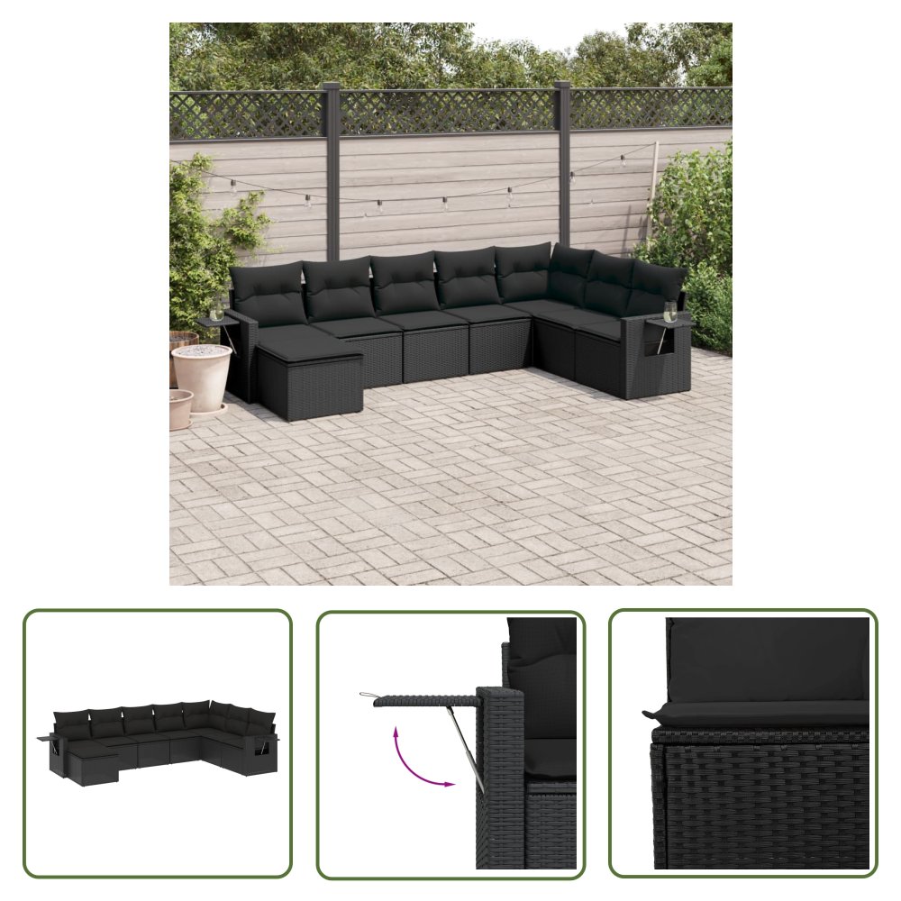 The Living Store 8-cz. zestaw wypoczynkowy do ogrodu - z poduszkami - czarny - Sofa Ogrodowa