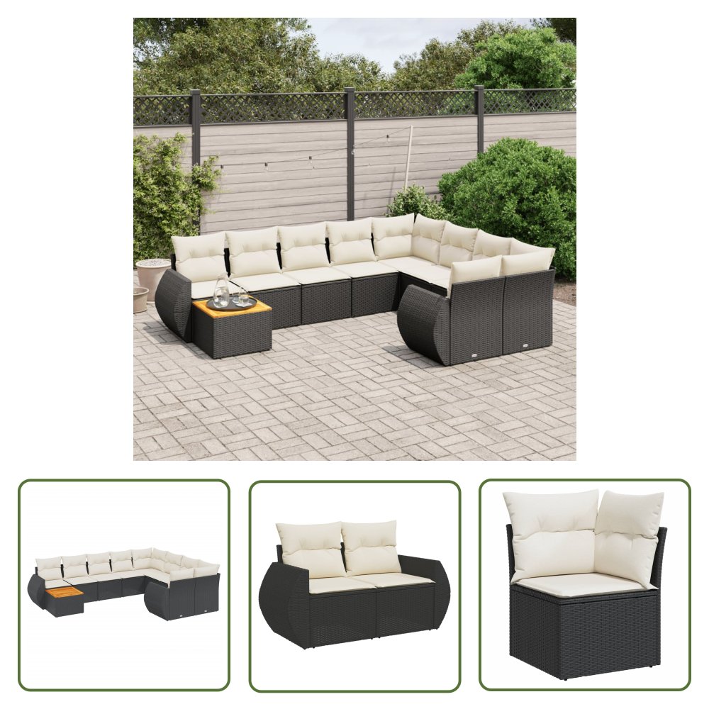 The Living Store 10-cz. zestaw wypoczynkowy do ogrodu - poduszki czarny rattan PE - Sofa Ogrodowa