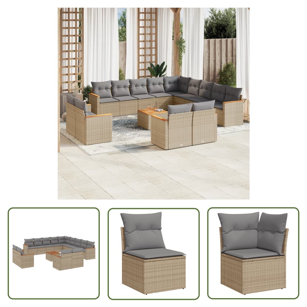 The Living Store 14-cz. zestaw mebli ogrodowych z poduszkami - mieszany beż - Sofa Ogrodowa
