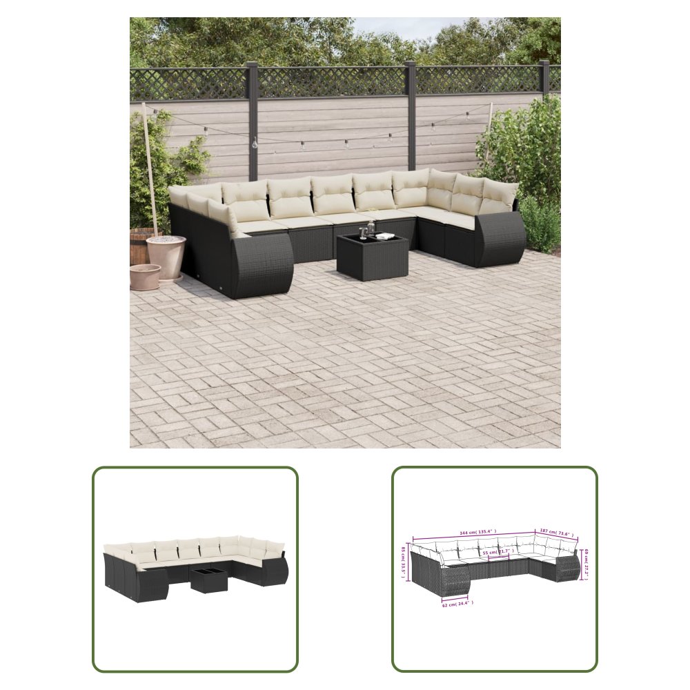The Living Store 11-cz. zestaw wypoczynkowy do ogrodu - poduszki czarny rattan PE - Sofa Ogrodowa