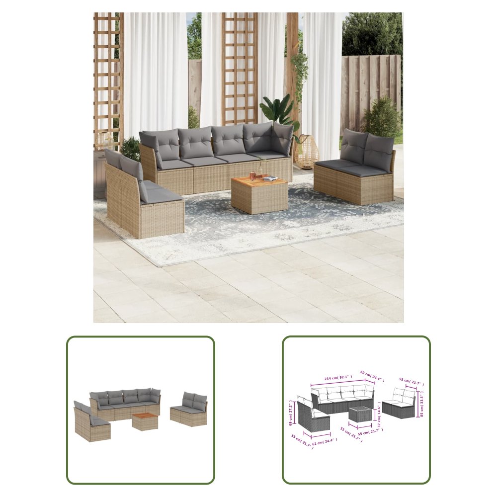 The Living Store 9-cz. zestaw mebli ogrodowych z poduszkami - beżowy - polirattan - Sofa Ogrodowa