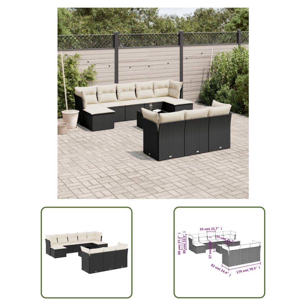 The Living Store 11-cz. zestaw wypoczynkowy do ogrodu - poduszki czarny rattan PE - Sofa Ogrodowa