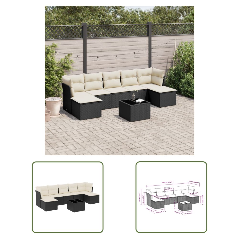 The Living Store 8-cz. zestaw wypoczynkowy do ogrodu - z poduszkami - czarny - Sofa Ogrodowa