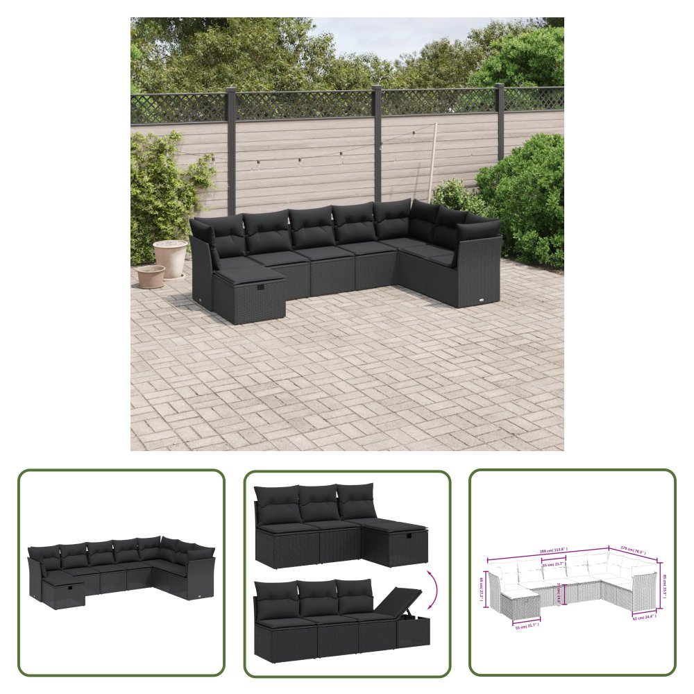 The Living Store 8-cz. zestaw wypoczynkowy do ogrodu - z poduszkami - czarny - Sofa Ogrodowa
