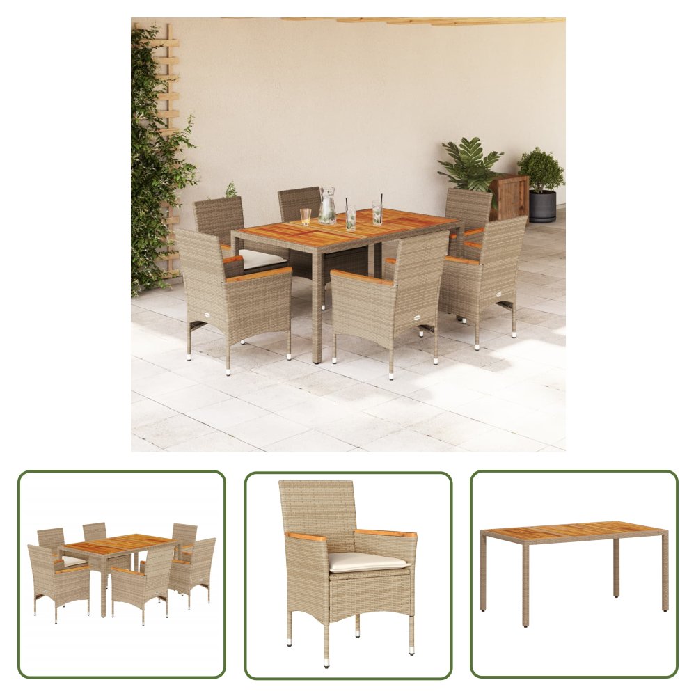 The Living Store 7-cz. zestaw mebli ogrodowych z poduszkami - beżowy - polirattan - Meble Ogrodowe