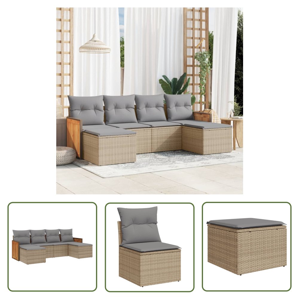 The Living Store 6-cz. zestaw mebli ogrodowych z poduszkami - beżowy - polirattan - Sofa Ogrodowa