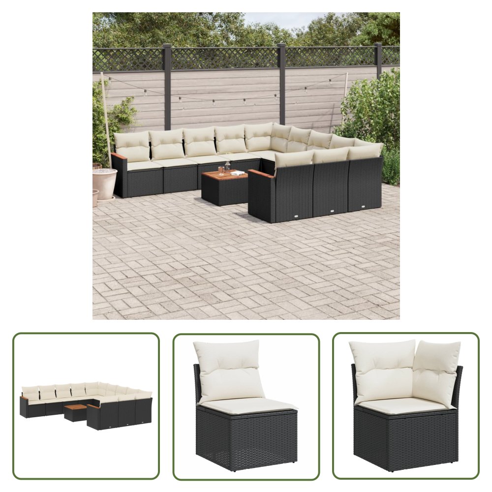 The Living Store 12-cz. zestaw mebli do ogrodu - z poduszkami - czarny - polirattan - Sofa Ogrodowa