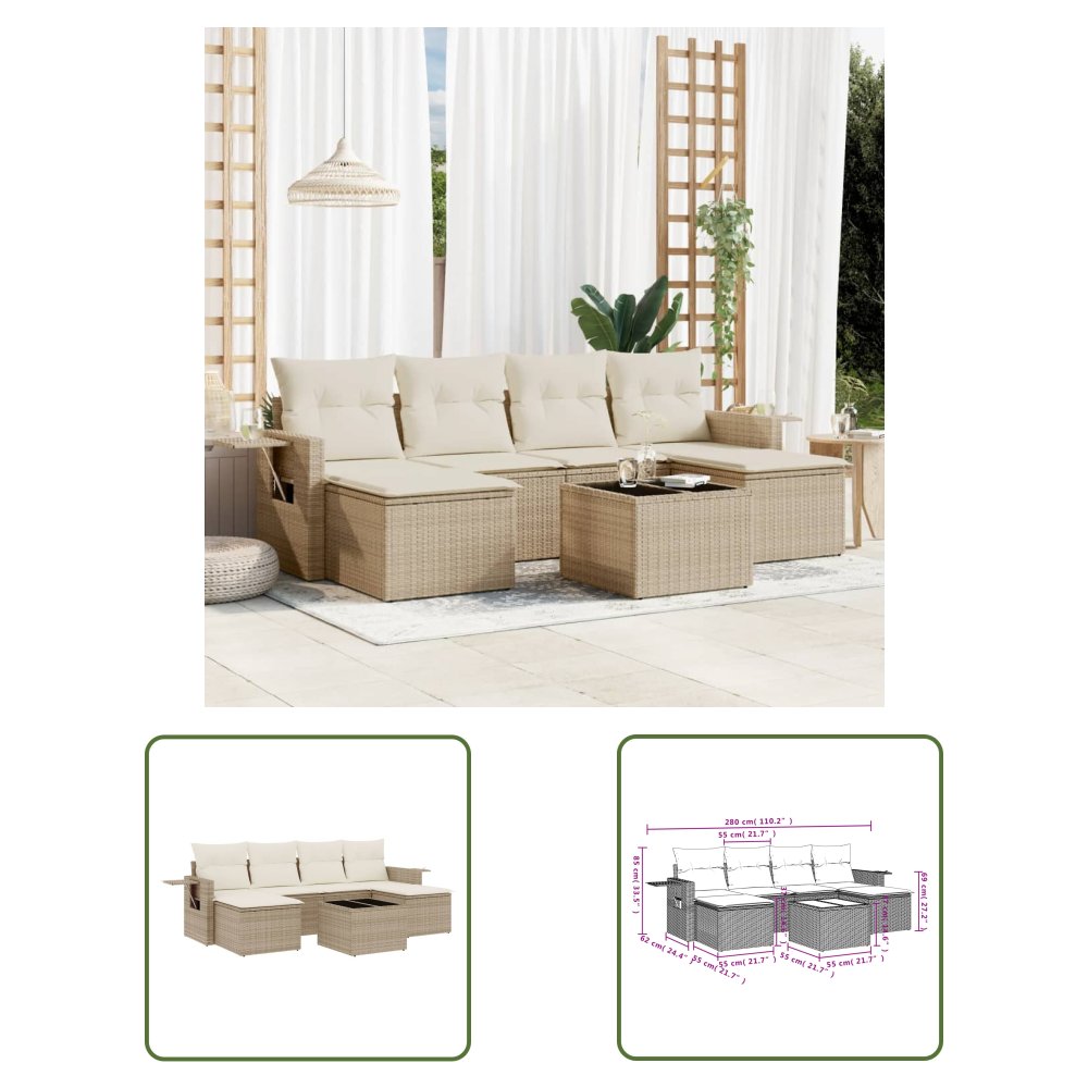 The Living Store 7-cz. zestaw wypoczynkowy do ogrodu - z poduszkami - beżowy - Sofa Ogrodowa