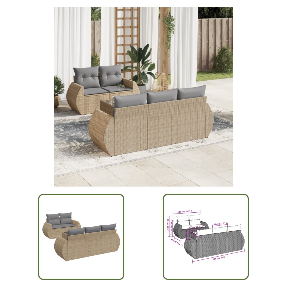 The Living Store 6-cz. zestaw mebli ogrodowych z poduszkami - beżowy - polirattan - Sofa Ogrodowa