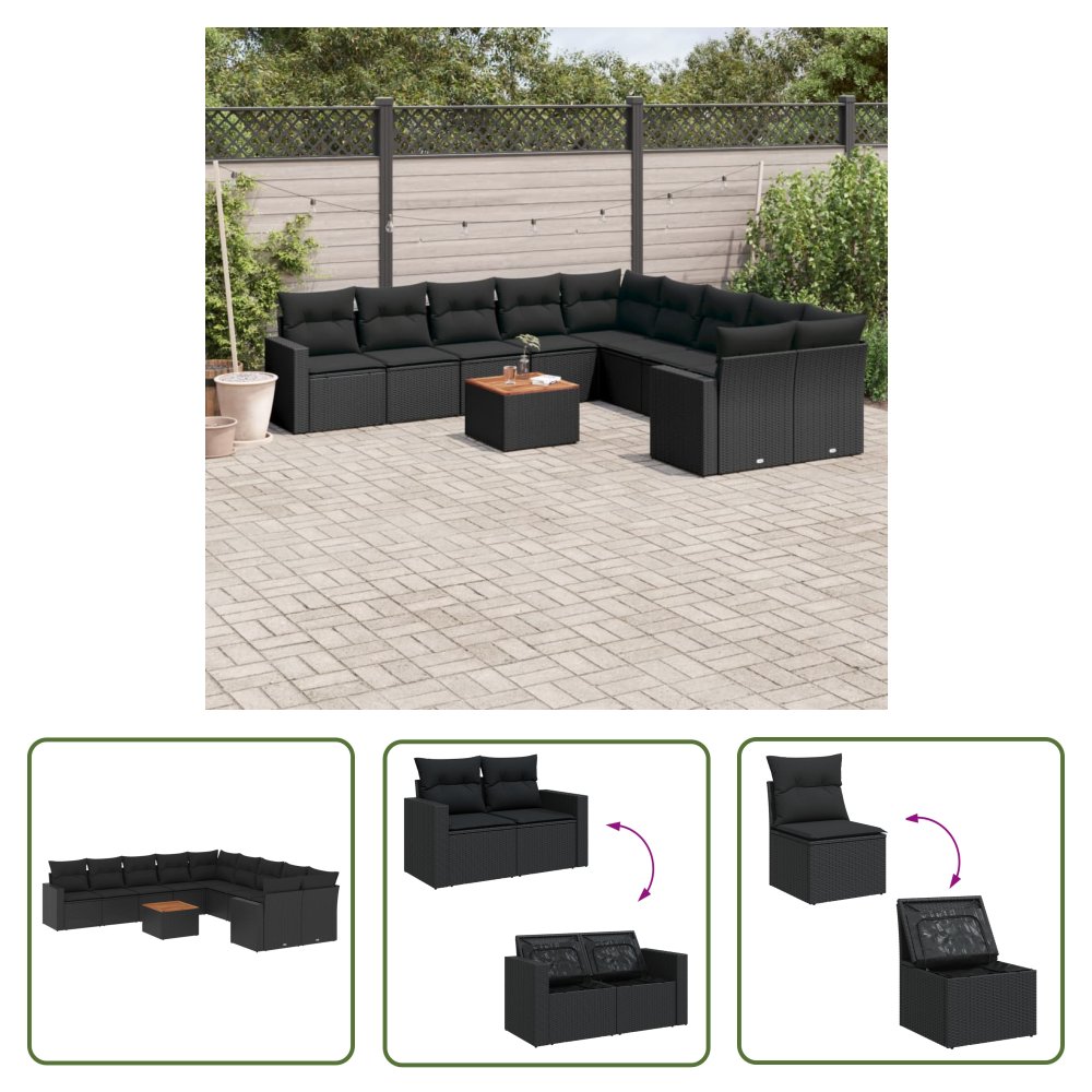 The Living Store 11-cz. zestaw wypoczynkowy do ogrodu - poduszki czarny rattan PE - Sofa Ogrodowa