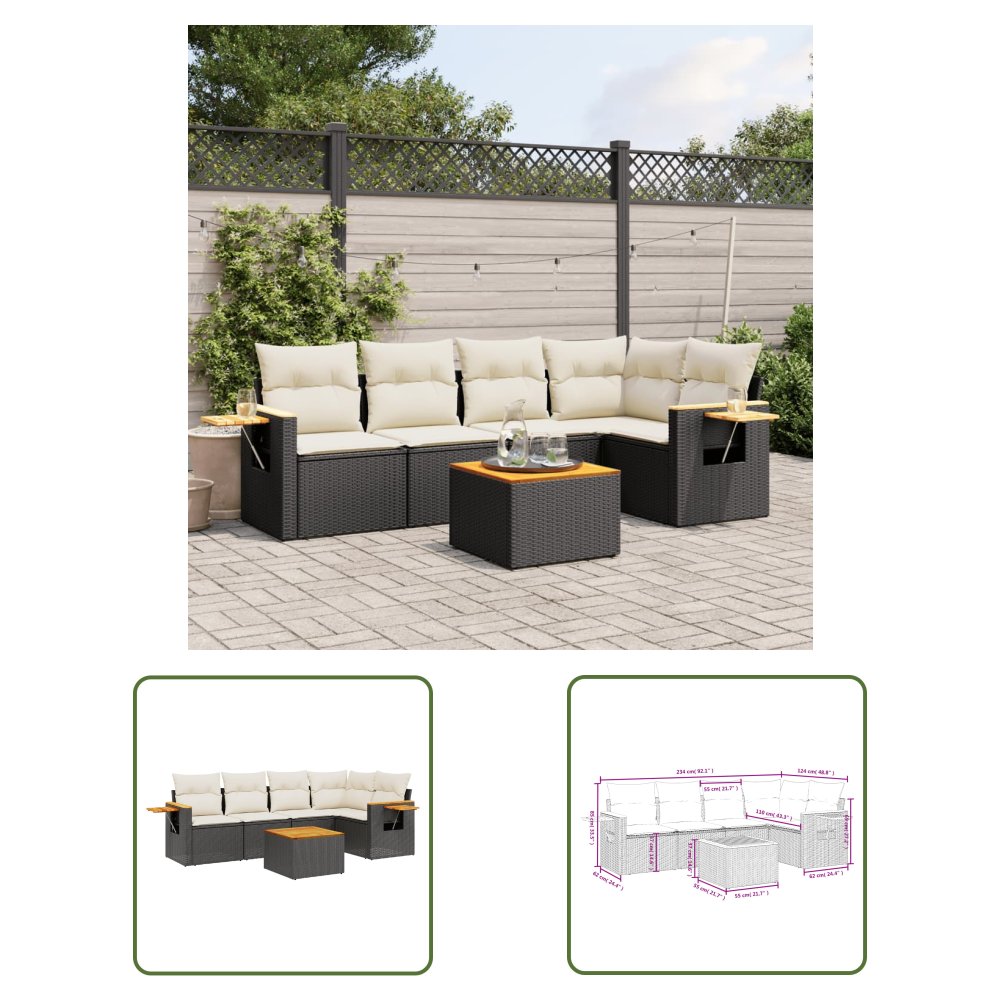 The Living Store 6-cz. zestaw mebli ogrodowych z poduszkami - czarny polirattan - Sofa Ogrodowa