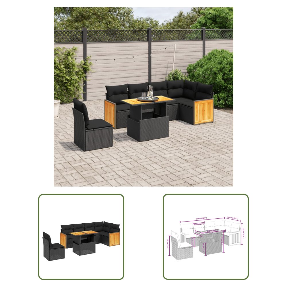 The Living Store 7-cz. zestaw wypoczynkowy do ogrodu - z poduszkami - czarny - Sofa Ogrodowa