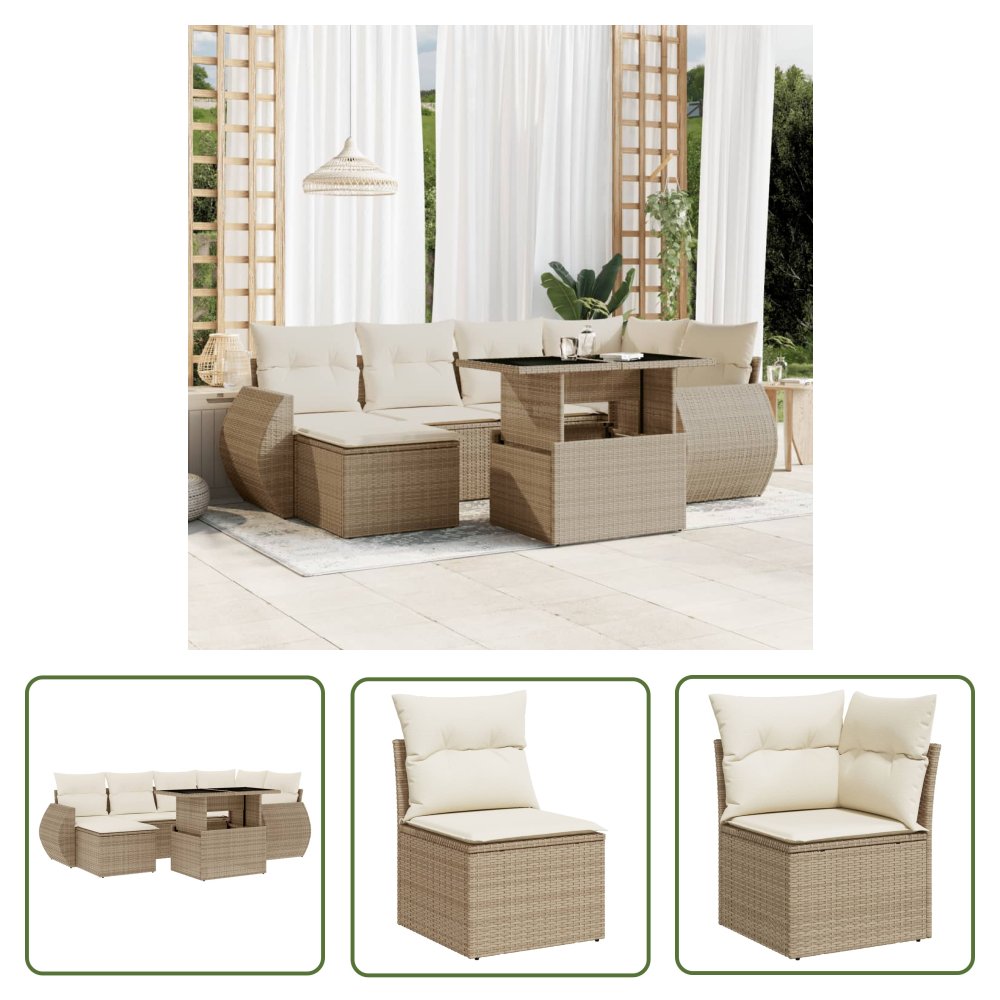 The Living Store 7-cz. zestaw wypoczynkowy do ogrodu - z poduszkami - beżowy - Sofa Ogrodowa