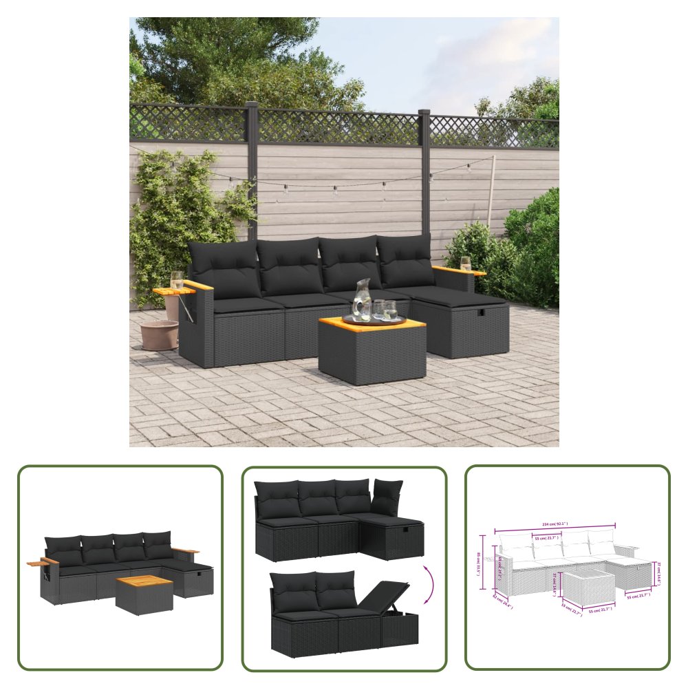 The Living Store 6-cz. zestaw mebli ogrodowych z poduszkami - czarny polirattan - Sofa Ogrodowa
