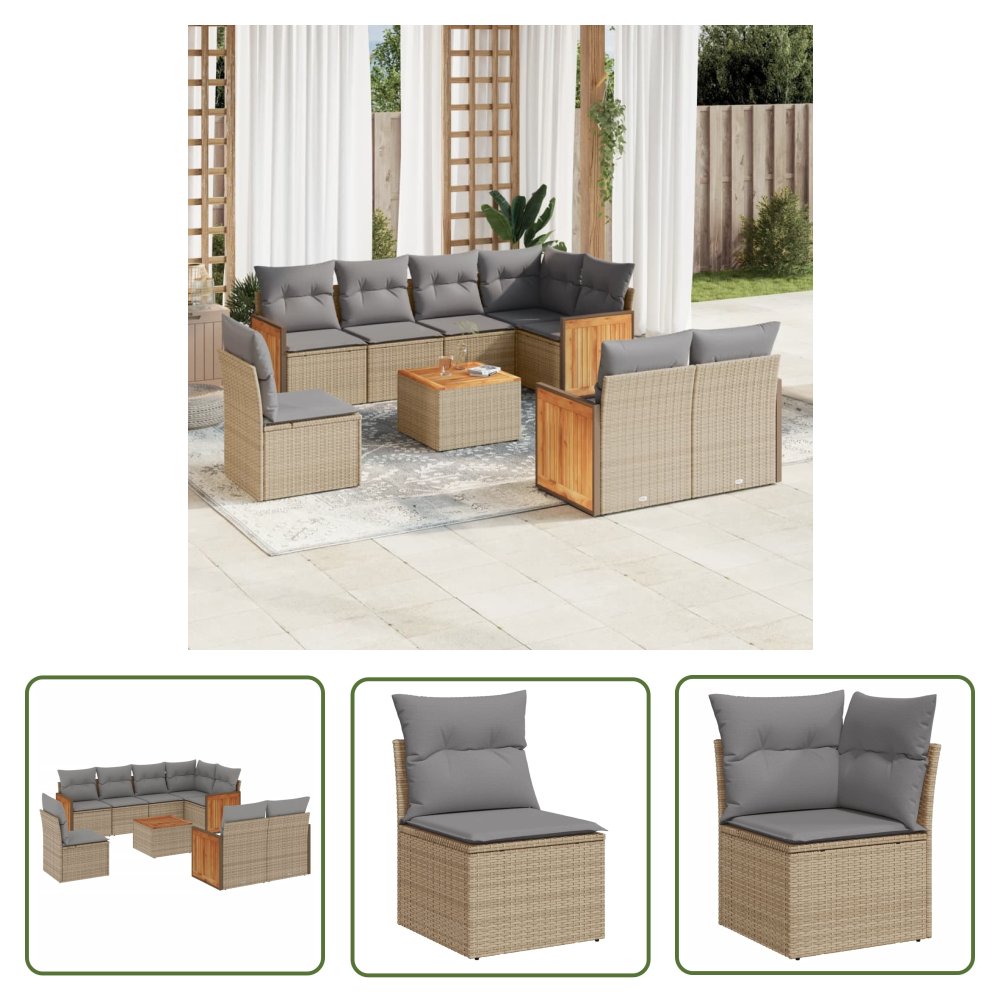 The Living Store 9-cz. zestaw mebli ogrodowych z poduszkami - beżowy - polirattan - Sofa Ogrodowa