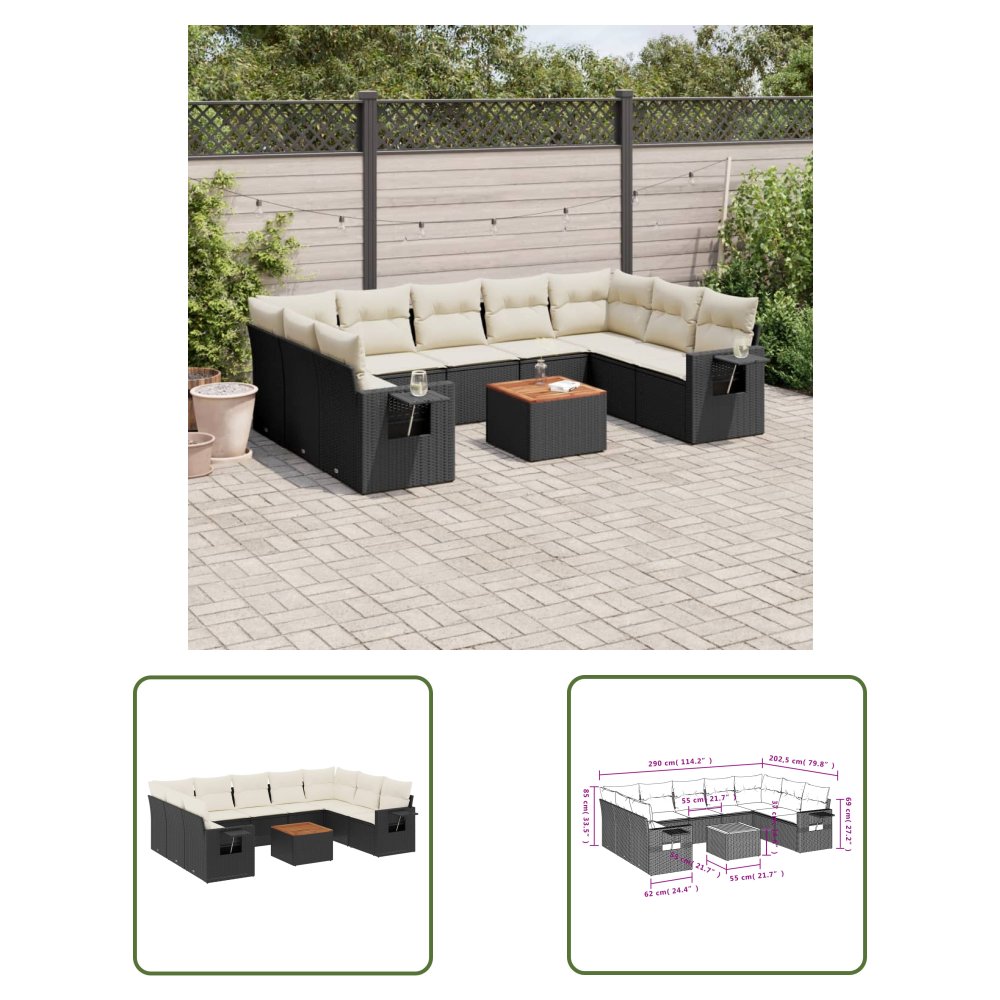 The Living Store 10-cz. zestaw wypoczynkowy do ogrodu - poduszki czarny rattan PE - Sofa Ogrodowa