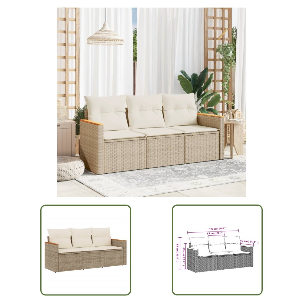 The Living Store 3-cz. zestaw mebli ogrodowych z poduszkami - beżowy - polirattan - Sofa Ogrodowa
