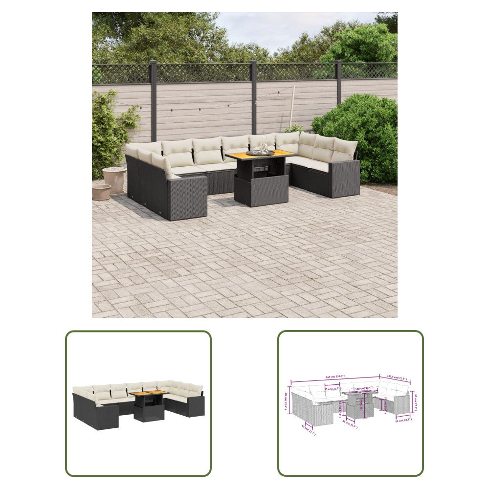 The Living Store 11-cz. zestaw wypoczynkowy do ogrodu - poduszki czarny rattan PE - Sofa Ogrodowa