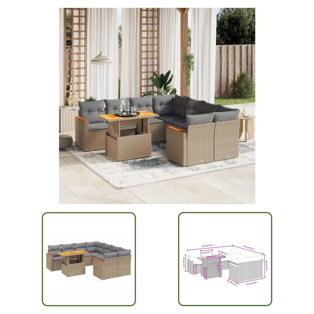 The Living Store 9-cz. zestaw mebli ogrodowych z poduszkami - beżowy - polirattan - Sofa Ogrodowa