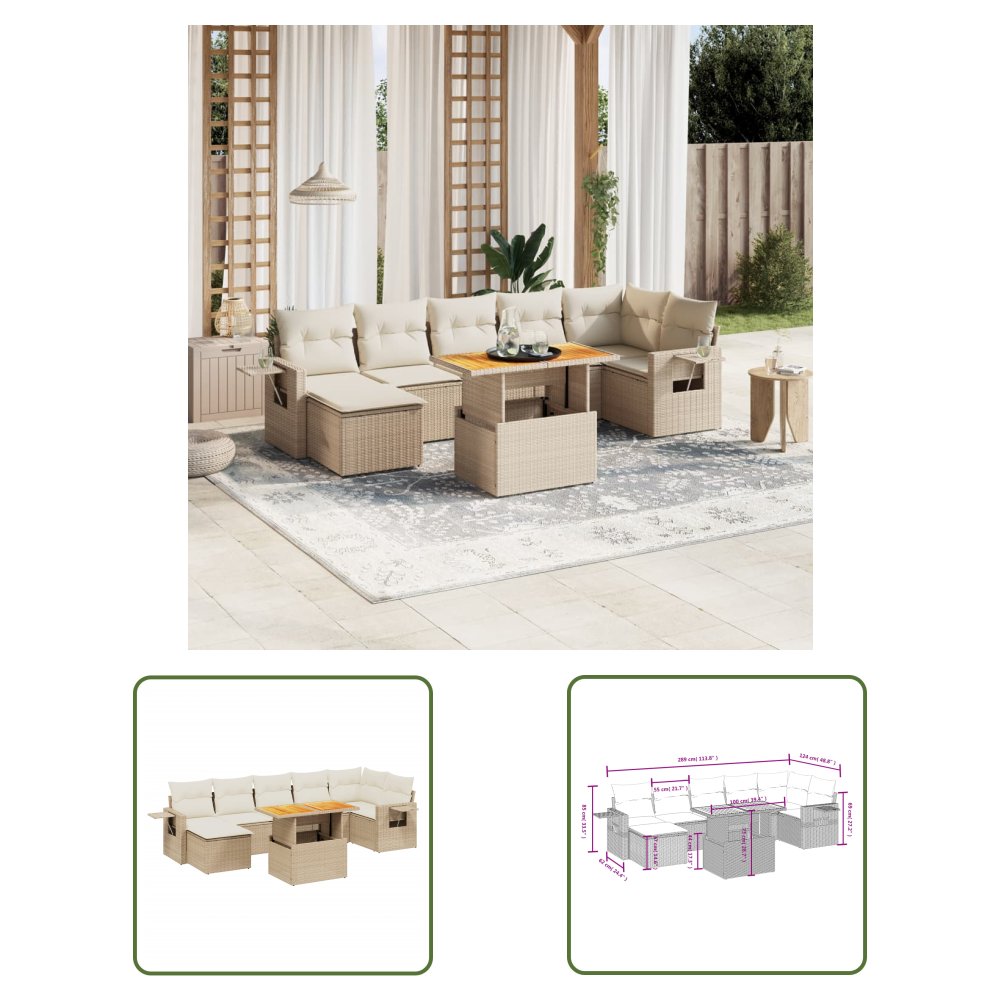 The Living Store 8-cz. zestaw mebli ogrodowych z poduszkami - beżowy - polirattan - Sofa Ogrodowa