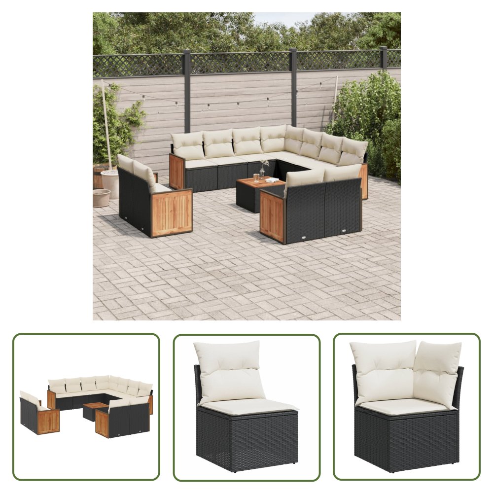 The Living Store 12-cz. zestaw mebli do ogrodu - z poduszkami - czarny - polirattan - Sofa Ogrodowa