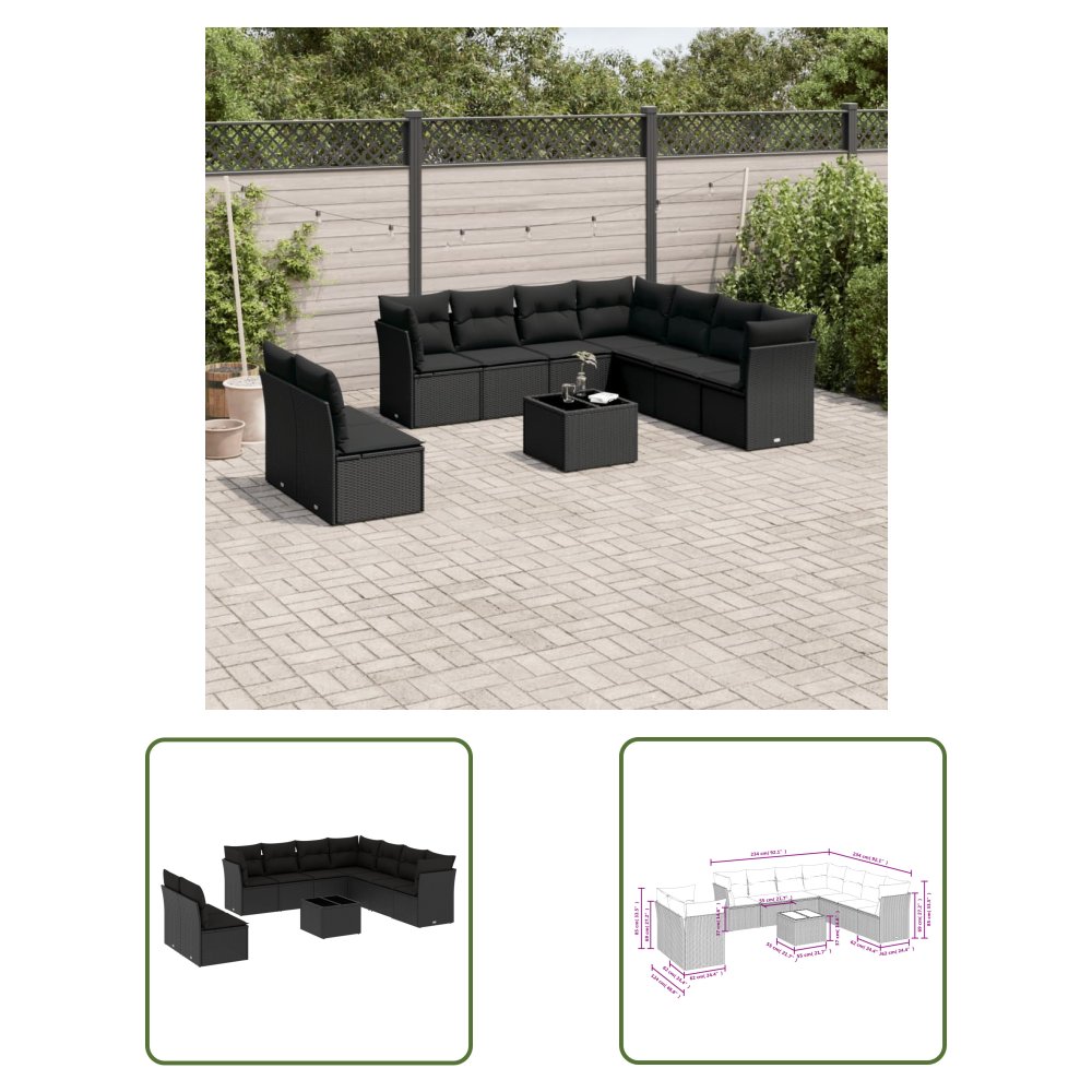 The Living Store 10-cz. zestaw wypoczynkowy do ogrodu - poduszki czarny rattan PE - Sofa Ogrodowa