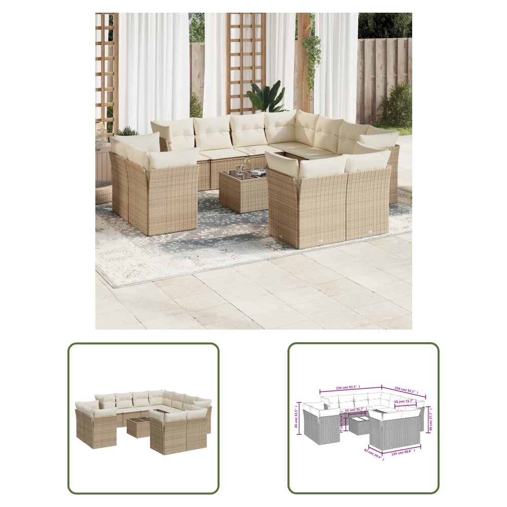 The Living Store 12-cz. zestaw mebli ogrodowych z poduszkami - beżowy - polirattan - Sofa Ogrodowa