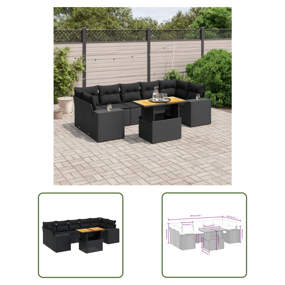 The Living Store 8-cz. zestaw wypoczynkowy do ogrodu - z poduszkami - czarny - Sofa Ogrodowa