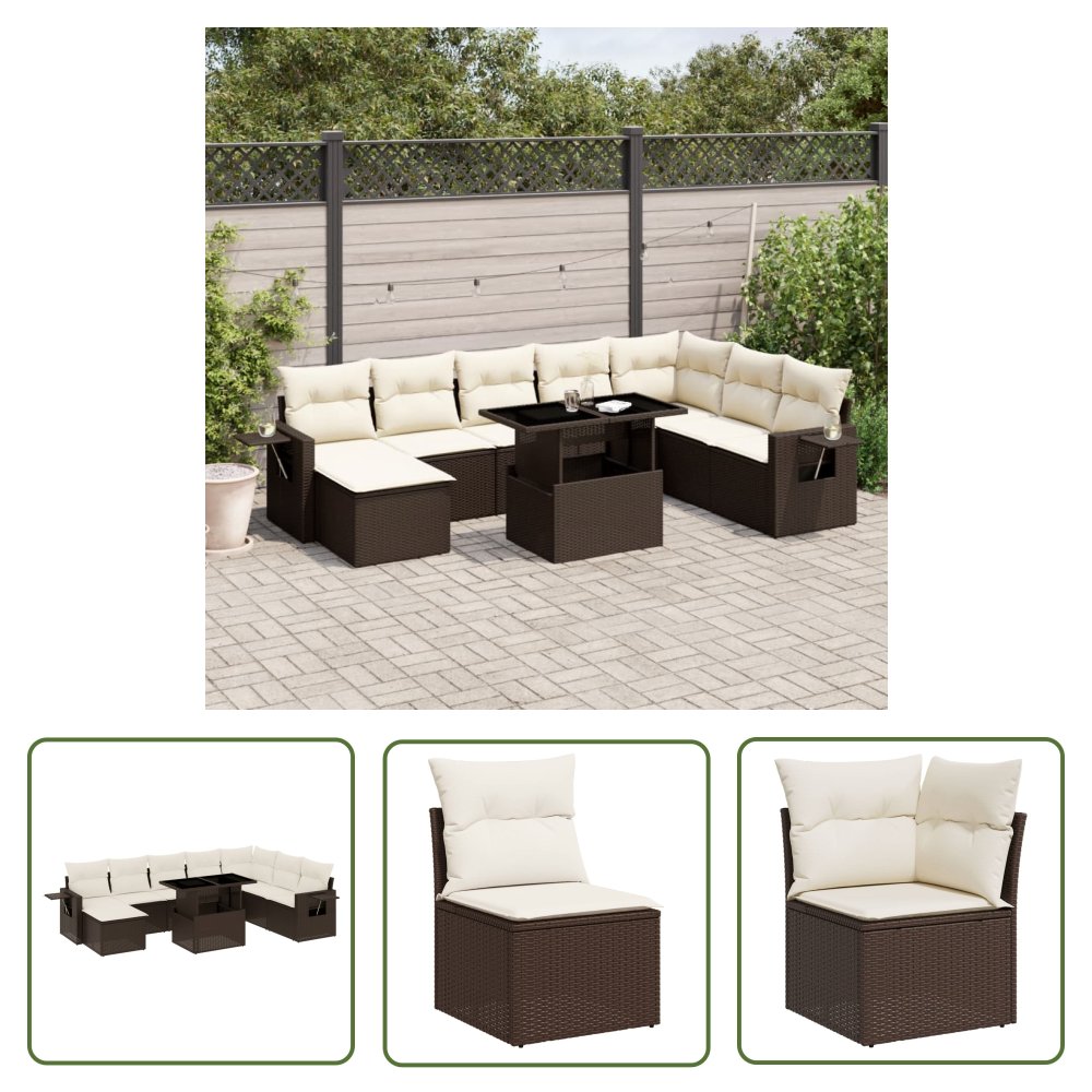 The Living Store 9-cz. zestaw mebli ogrodowych z poduszkami - brązowy - polirattan - Sofa Ogrodowa