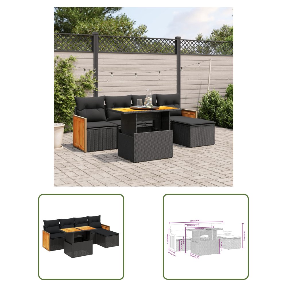 The Living Store 6-cz. zestaw mebli ogrodowych z poduszkami - czarny polirattan - Sofa Ogrodowa