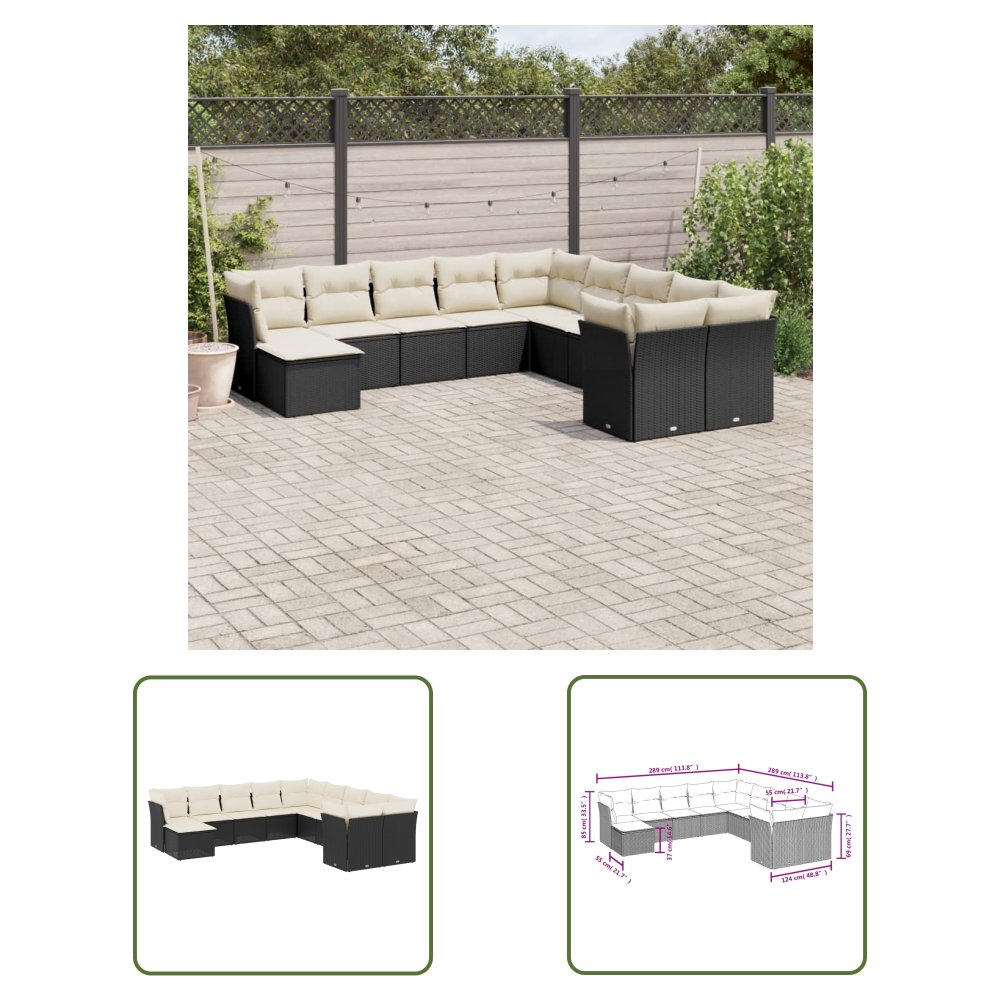 The Living Store 11-cz. zestaw wypoczynkowy do ogrodu - poduszki czarny rattan PE - Sofa Ogrodowa