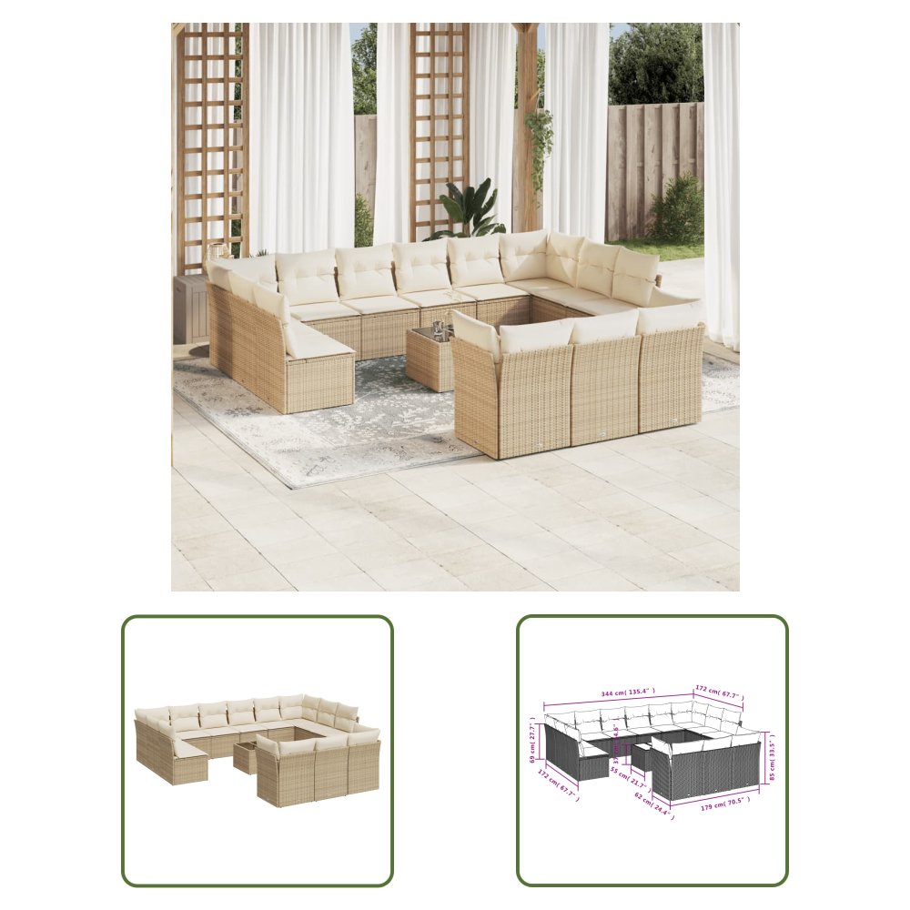 The Living Store 14-cz. zestaw mebli ogrodowych z poduszkami - beżowy - polirattan - Sofa Ogrodowa