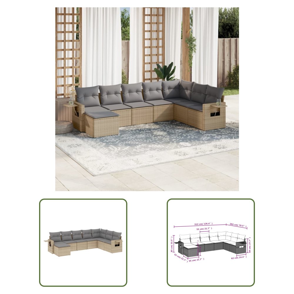 The Living Store 8-cz. zestaw mebli ogrodowych z poduszkami - beżowy - polirattan - Sofa Ogrodowa