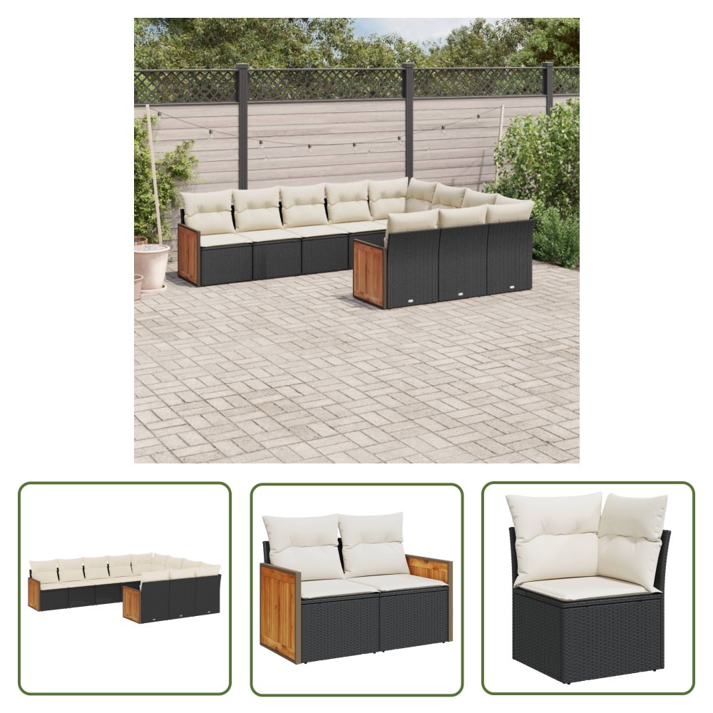 The Living Store 10-cz. zestaw wypoczynkowy do ogrodu - poduszki czarny rattan PE - Sofa Ogrodowa