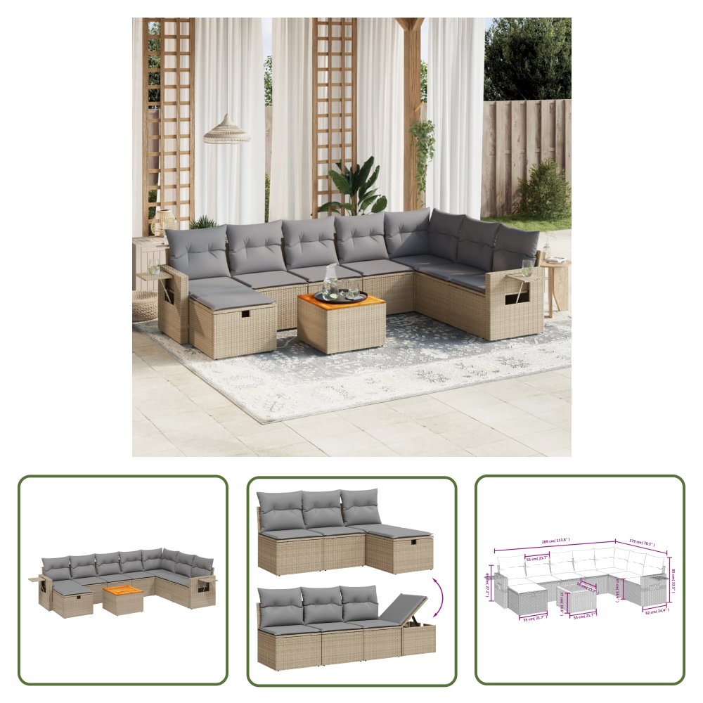 The Living Store 9-cz. zestaw mebli ogrodowych z poduszkami - mieszany beż - Sofa Ogrodowa
