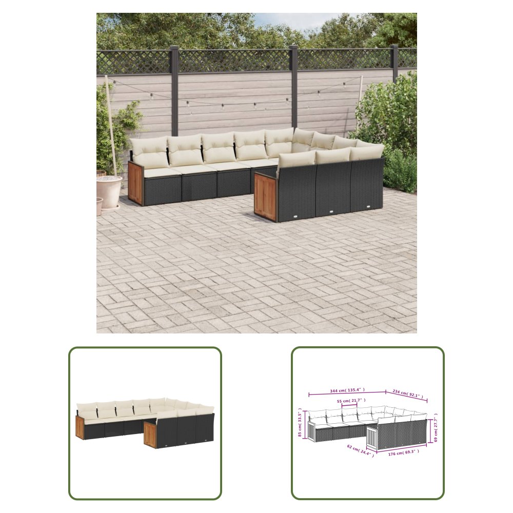The Living Store 10-cz. zestaw wypoczynkowy do ogrodu - poduszki czarny rattan PE - Sofa Ogrodowa