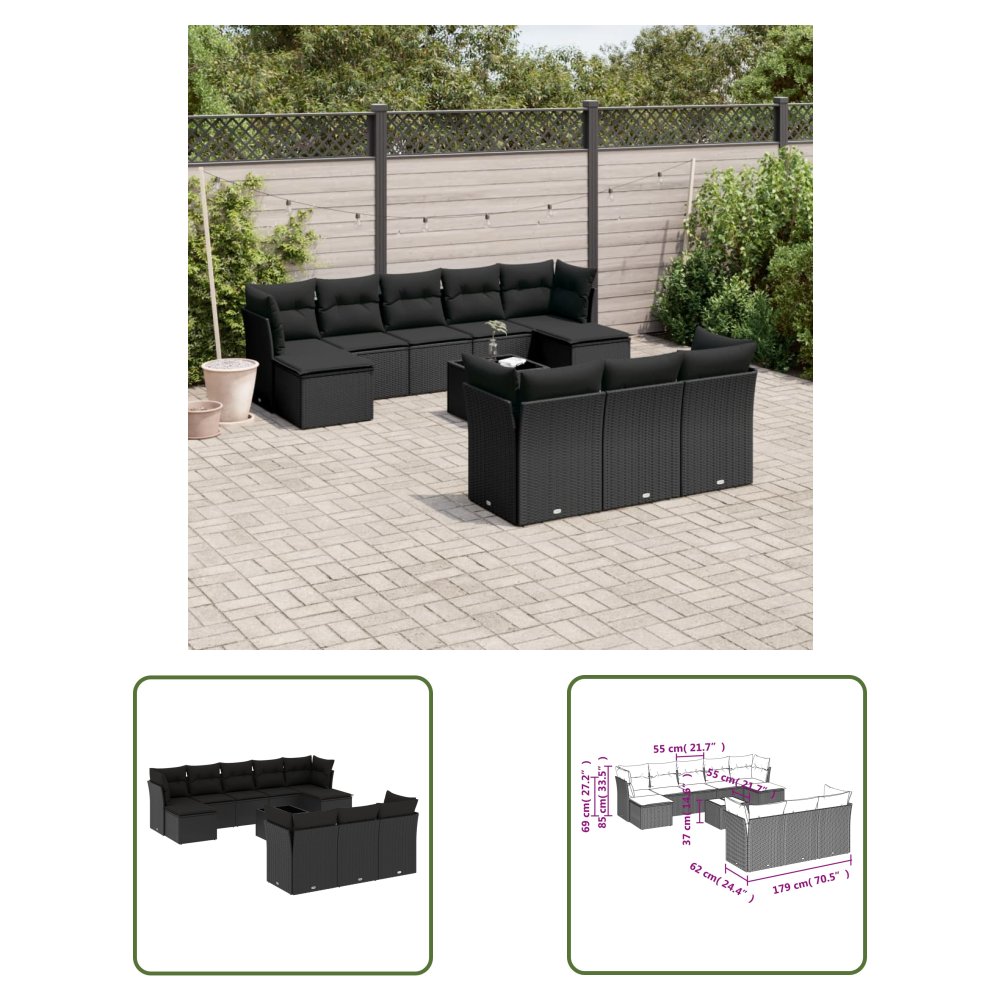 The Living Store 11-cz. zestaw wypoczynkowy do ogrodu - poduszki czarny rattan PE - Sofa Ogrodowa