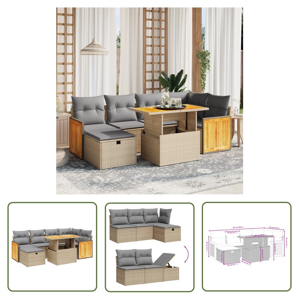 The Living Store 7-cz. zestaw wypoczynkowy do ogrodu - z poduszkami - beżowy - Sofa Ogrodowa