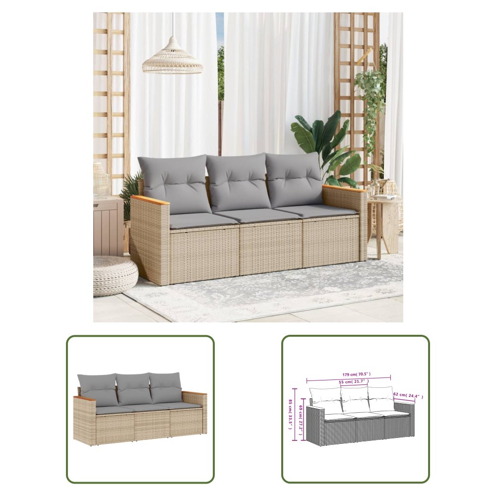 The Living Store 3-cz. zestaw mebli ogrodowych z poduszkami - beżowy - polirattan - Sofa Ogrodowa