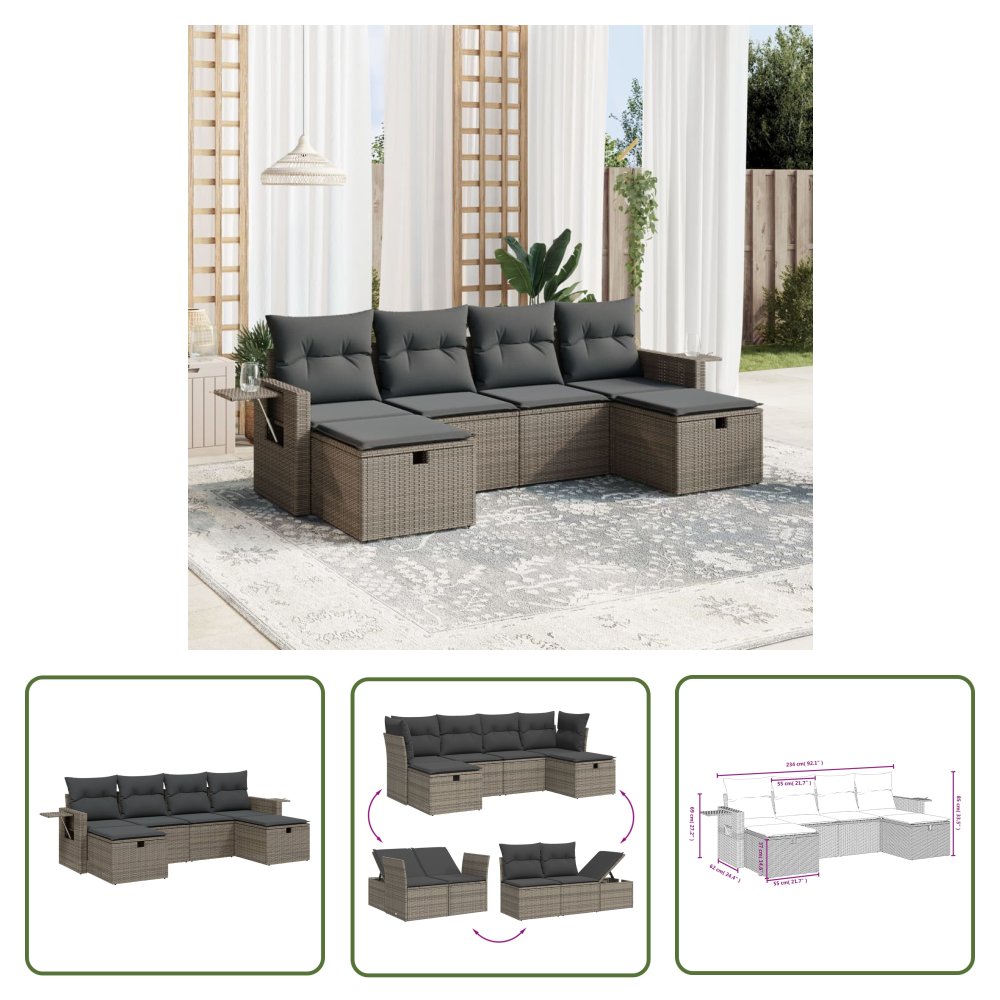 The Living Store 6-cz. zestaw mebli ogrodowych z poduszkami - szary - polirattan - Sofa Ogrodowa