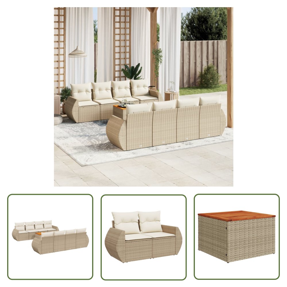 The Living Store 9-cz. zestaw mebli ogrodowych z poduszkami - beżowy - polirattan - Sofa Ogrodowa