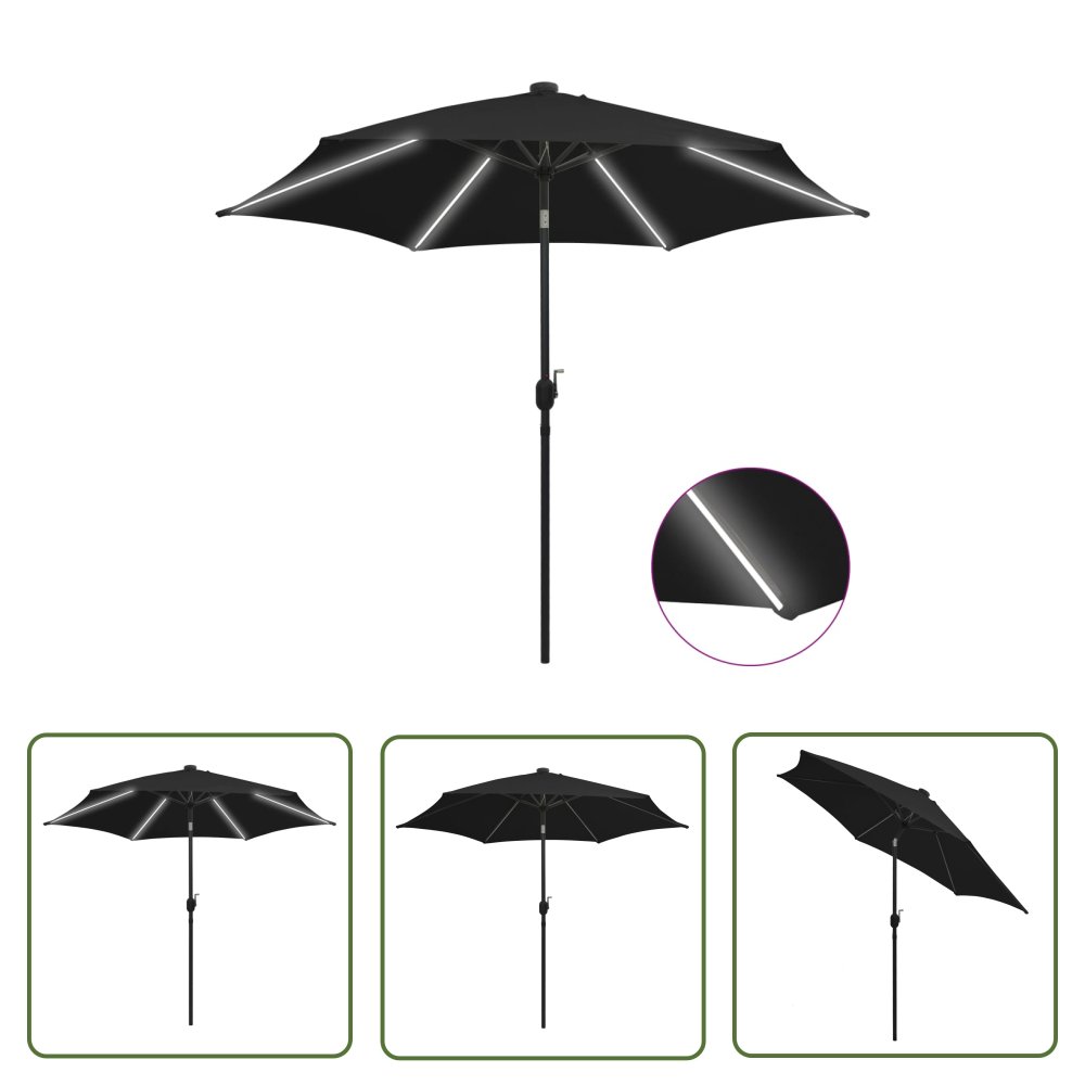 The Living Store Parasol ogrodowy z LED i aluminiowym słupkiem - 300 cm - czarny - Parasol Ogrodowy