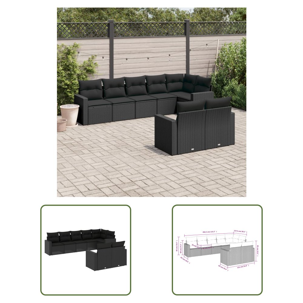 The Living Store 8-cz. zestaw wypoczynkowy do ogrodu - z poduszkami - czarny - Sofa Ogrodowa
