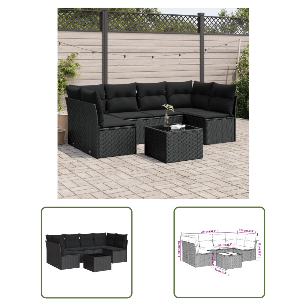 The Living Store 7-cz. zestaw wypoczynkowy do ogrodu - z poduszkami - czarny - Sofa Ogrodowa