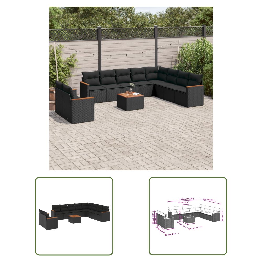 The Living Store 11-cz. zestaw wypoczynkowy do ogrodu - poduszki czarny rattan PE - Sofa Ogrodowa