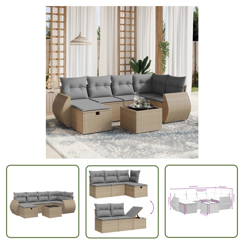 The Living Store 7-cz. zestaw mebli ogrodowych z poduszkami - mieszany beż - Sofa Ogrodowa