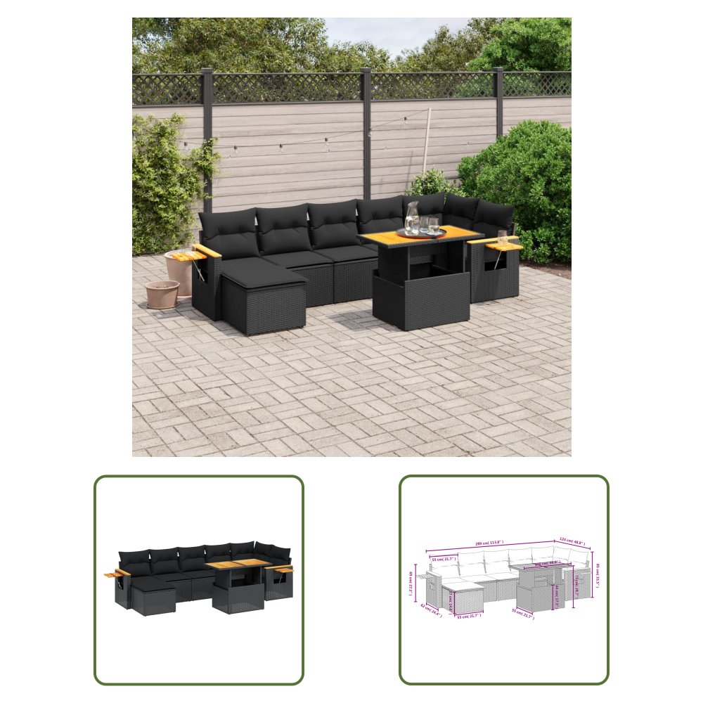 The Living Store 8-cz. zestaw wypoczynkowy do ogrodu - z poduszkami - czarny - Sofa Ogrodowa