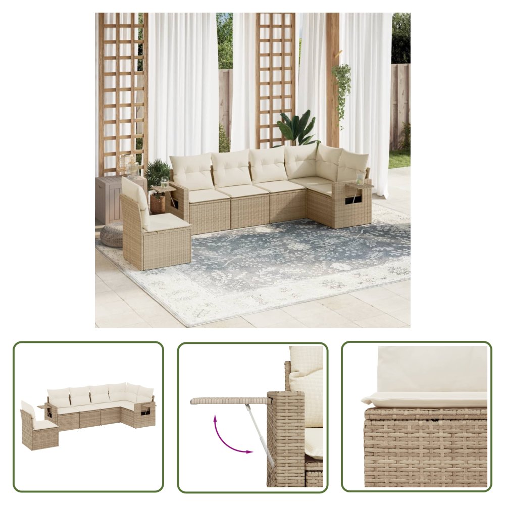 The Living Store 6-cz. zestaw mebli ogrodowych z poduszkami - beżowy - polirattan - Sofa Ogrodowa